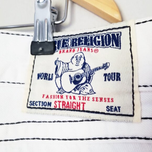 True Religion Men's 40 Straight Leg Jeans Optic White Blue Stitch Flap Raw Hem - Picture 10 of 16